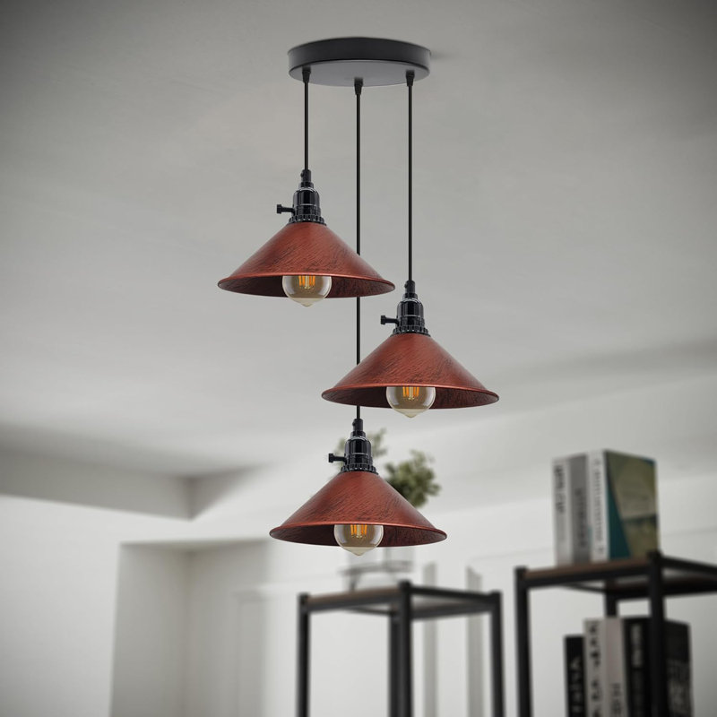 3-Light Cone Pendant Light – Industrial Kitchen Island Ceiling Fixture with Adjustable Height & E27 Bulbs, Rustic Red, No