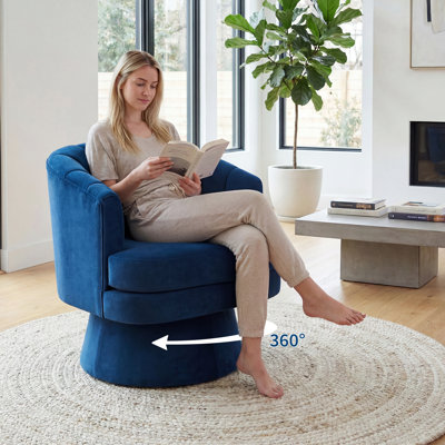 Fauteuil d'appoint pivotant à 360 ° avec coussin lombaire, fauteuil simple rembourré doux, base ronde pour salon / chambre à coucher / meuble-lavabo - avec coussin lombaire | Velours | Bleu