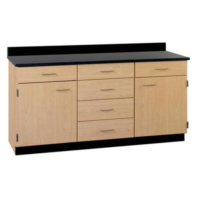 Armoires de base 60 "- Unités gauche et droite avec tiroir au-dessus de la porte avec tablette demi-largeur, unité centrale à quatre tiroirs, verrouillable