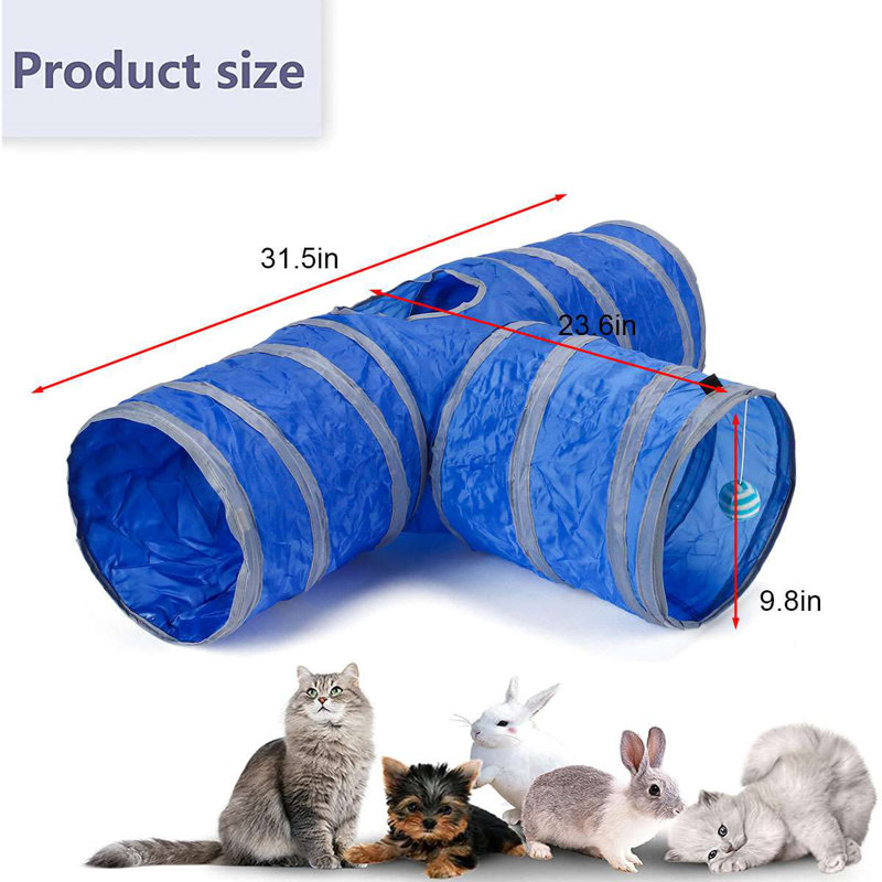 Pet Cat Tunnel, 3-Way Tunnels Extensible Collapsible Tube Pet Play Tent Interactive Toy with 1 Play Ball, Blue