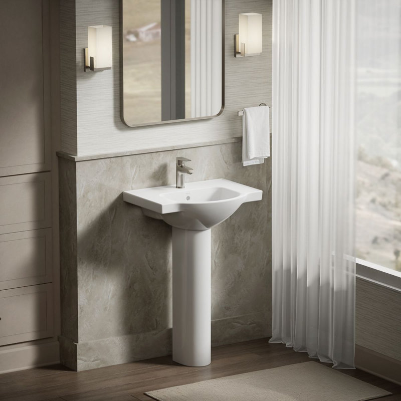 Veer Ceramic Pedestal Bathroom Sink with Overflow, White, Single, 7.99" H x 24" L x 18.25" W