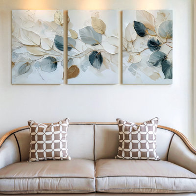 3 Pieces Elegant Leaf Design Large Wall Art in Blue and Gold Tones for Modern Decor, Three Pieces Wall Art for Living Room, Bedroom, and Office Decor