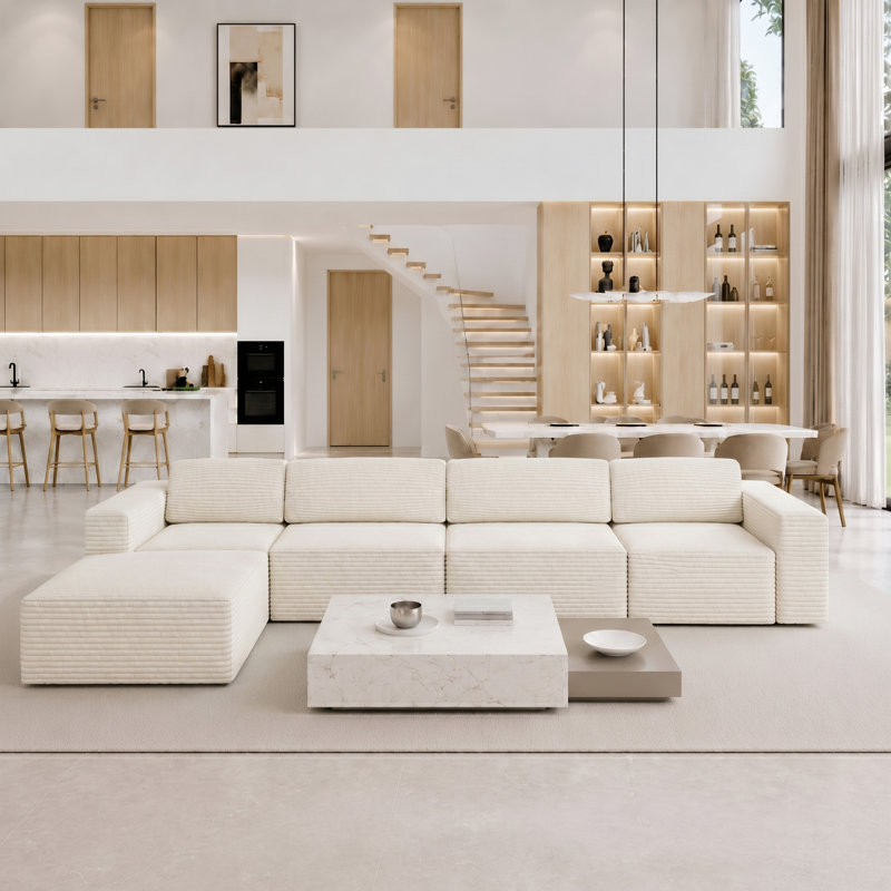 Modular Oversize 404cm Corduroy Boneless Sofa With Ottomans Reversible, No Assembly Required, Beige