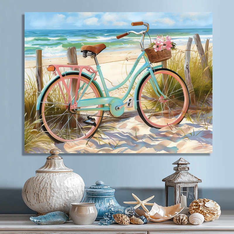 Vélo bleu sur le sentier de la plage III - art mural bord de mer, salon, Encadrement argenté, H 28 po x l 60 po
