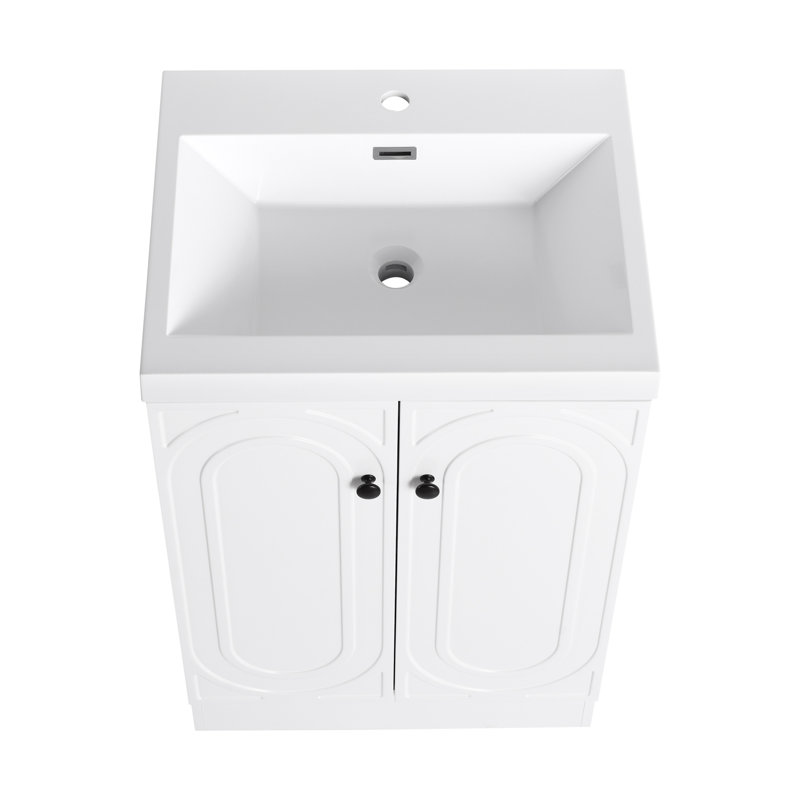 Meuble-lavabo autoportant 24 po avec lavabo en résine blanche et 2 portes d'armoire à fermeture en douceur, Blanc