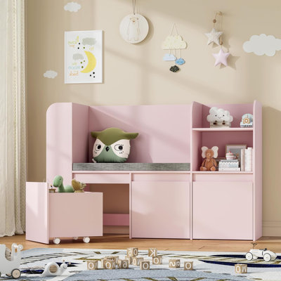 Kids Bookshelf with 3 Movable Drawers, Toy Storage Organizer with Reading Nook and 3-Tier Books, Children Bookcase with Seat Cushion for Kids Rooms, P by Isabelle & Max
