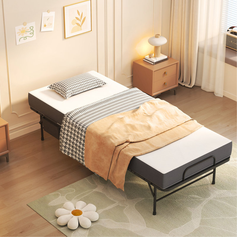 75 Inch Folding Bed With 5" Memory Foam Mattress, Space Saving Rollaway Guest Bed, Heavy-Duty Metal Frame On Wheels, Portable Twin Bed For Adults & Guests