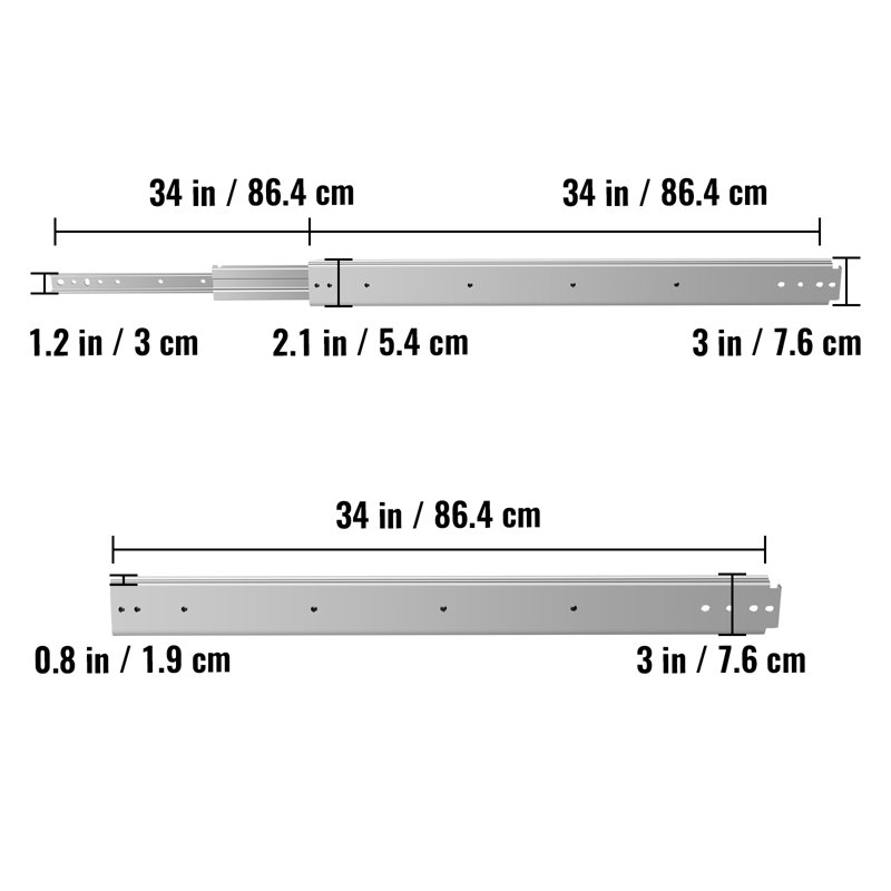 Steel Drawer Slide, 3" H x 34" W x 1" D