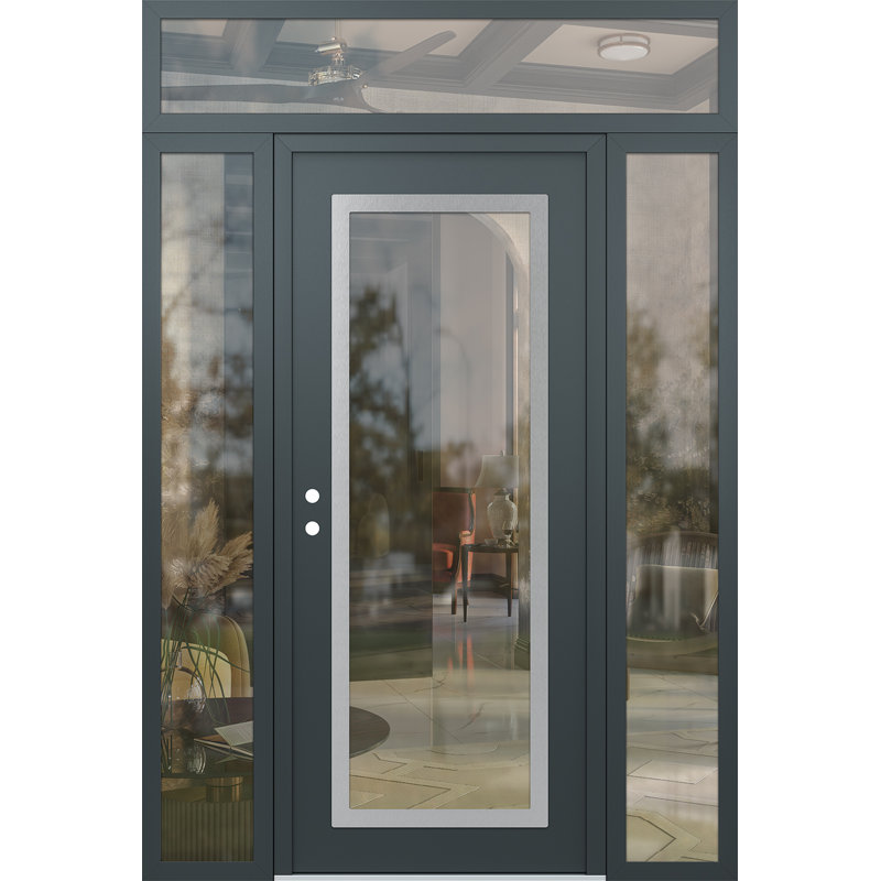 Panneau d'entrée en acier argenté anthracite / anthracite avec panneau latéral et porte d'entrée pré-suspendue à traverse