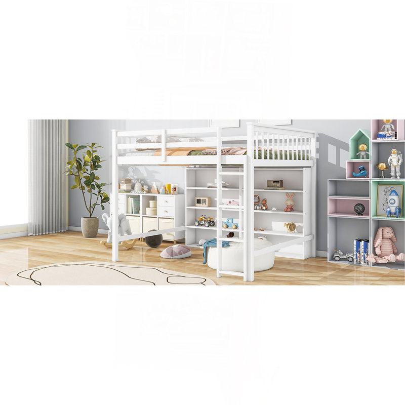 Lit mezzanine double avec 8 tablettes de rangement ouvertes et échelle intégrée, Blanc