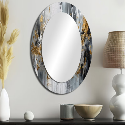 Noir et blanc délicat coups de pinceau I - miroir décoratif ovale abstrait sur métal