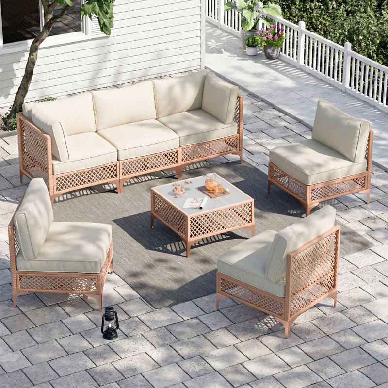 6 - Person Premium Patio Wicker Sectional Seating Group With Cushions, Beige Cushion/Brown Frame