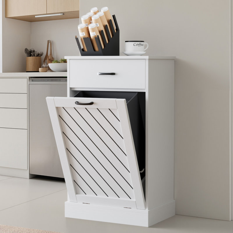  Armoire poubelle inclinable 15 gallons, finition texturée, rangement caché pour les déchets de cuisine et de salon - Blanc