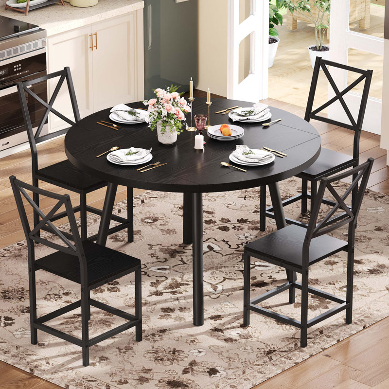Dining Table Set For 4, Round Kitchen Table And 4 Stool Chair For Dining Room, 44.5inch Drop Leaf Desk, Small Space Saving, Black