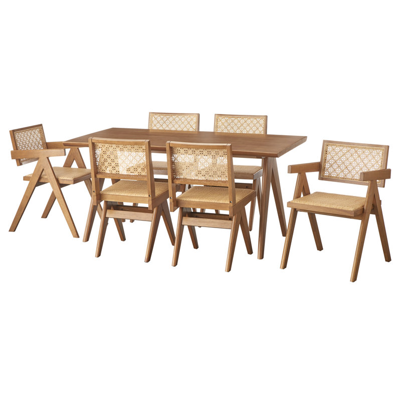 7  Piece Condit Live Edge Solid Wood and Rattan Dining Set
