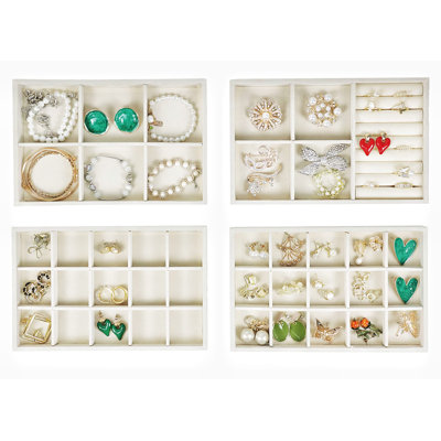 Ensemble de 4 plateaux de rangement empilables pour bijoux, organisateur de boucles d'oreilles en velours, présentoir de rangement de présentoir à bijoux (beige)