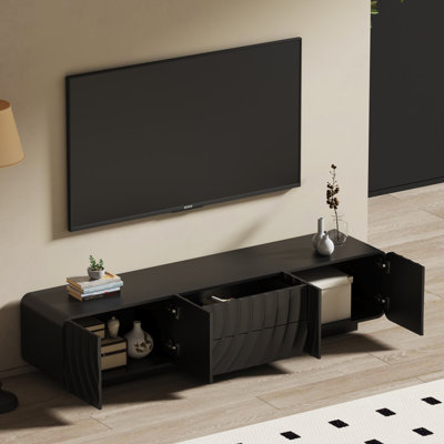 70 Inch Modern TV Stand With Spiral Wave Design, Storage Cabinet And 2 Drawers, Black