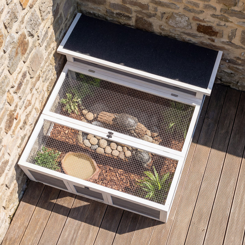 Tortue Habitat extérieur avec couloir, enceinte en bois de tortue avec fenêtre transparente, toit ouvrable et portes multiples, huche de lapin pour la cour arrière, gris foncé
