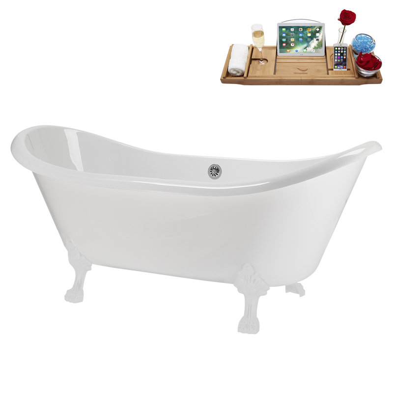 71" Streamline Clawfoot Tub,Tray,Drain and Clawfeet, Glossy White, Polished Chrome