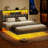 Upholstered Floating Bed Frame with Storage Bookcase Headboard Wood LED Metal Platform Bed with Charging Station-1578769249-1577251717