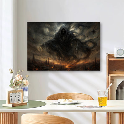Terrifying Grim Reaper With Sharp Claws Emerging From Smoky Fiery Ruins, Dark Horror Fantasy Canvas Wall Art