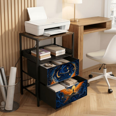 Table de chevet 2 tiroirs avec station de charge, table de chevet pour chambre à coucher avec ports USB, tablette ouverte noire, table de chevet avec corps céleste surréel
