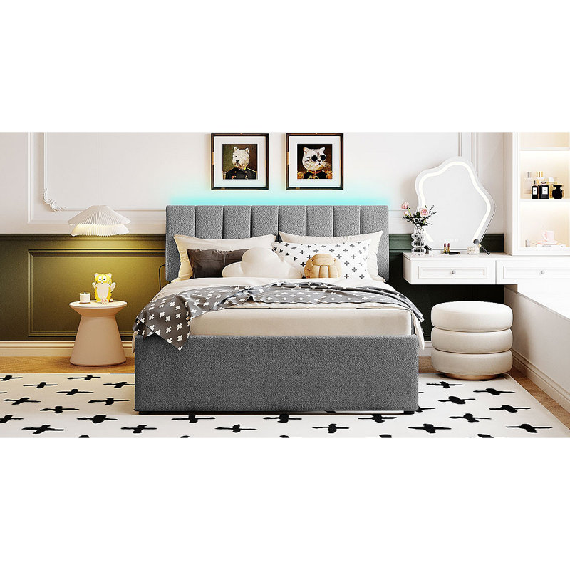 Lit plateforme tapissier Teddy, Gris, Lit double