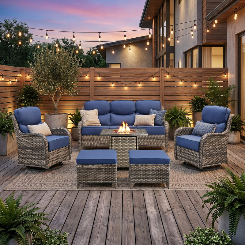High Back Outdoor Furniture With 6-Inch Extra Thick Cushions, Patio Furniture Set With Fire Pit Table & Swivel Chairs, 6 PCS Wicker Conversation Set For Yard, Deck, Poolside