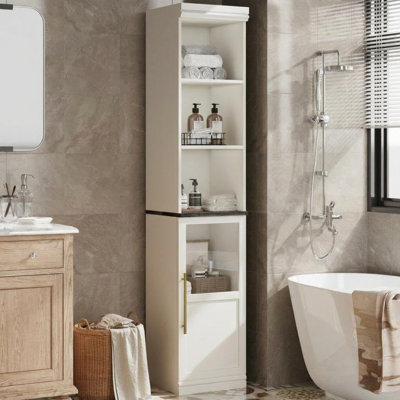 Grande armoire de rangement étroite pour salle de bain 70 pouces avec tablettes ouvertes Naturel / Blanc