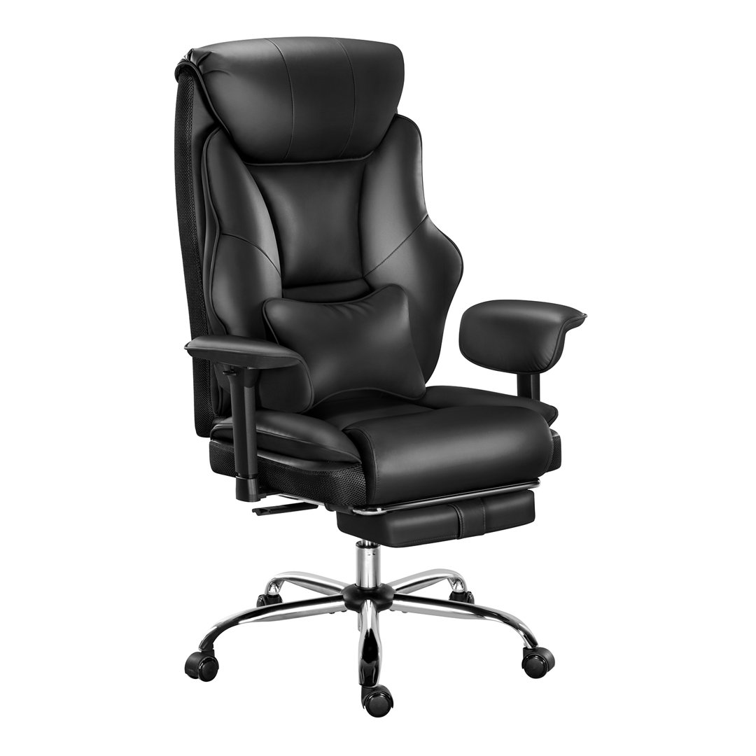 Office Chair, Ergonomic Executive Chair, with Headrest/Lumbar Cushion/Retractable Footrest/Adjustable Armrests/Backrest, Black/Brown Swivel Height Adj
