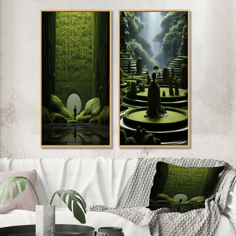 Mediation Zen Garden Contemplation - Ensemble de 2 décorations murales paysages abstraits, Encadrement brun