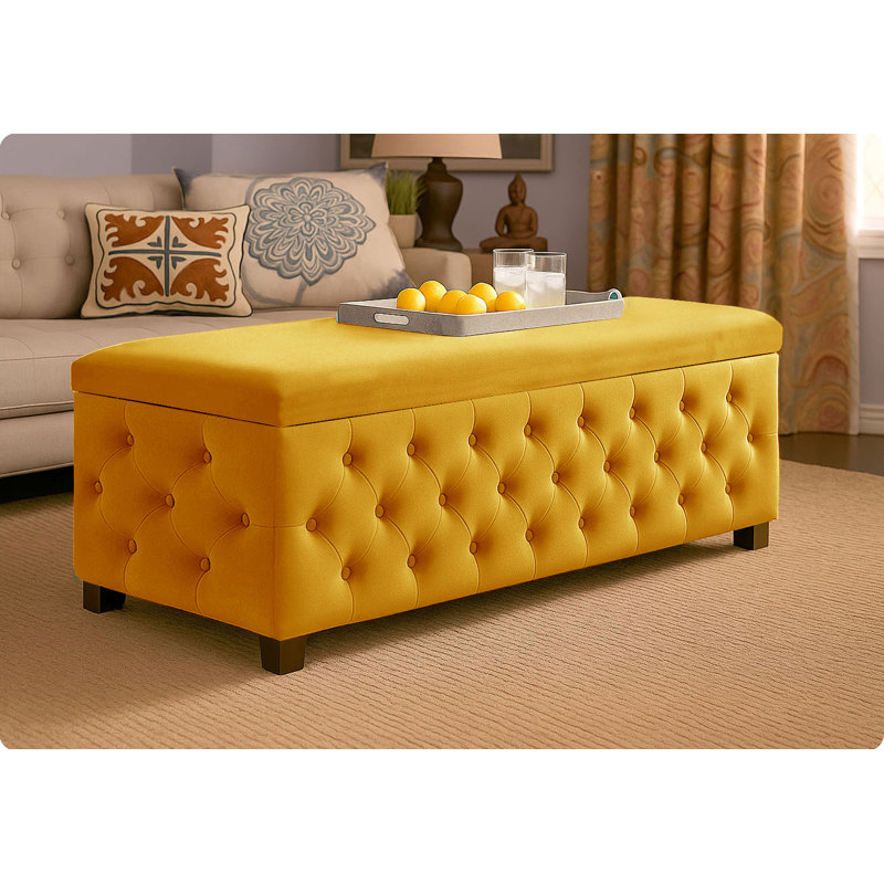 Empire Wide Chesterfield Rectangle Solid Color Standard Ottoman Storage Bench, Plush Velvet Upholstered Coffee Table with Legs