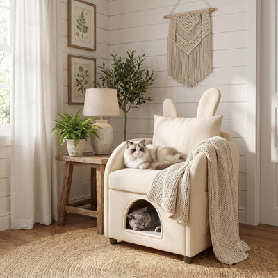 Velvet Cat Hideaway Accent Chair Bed with Bunny Ear Backrest, Pet Cubby and Side Pocket