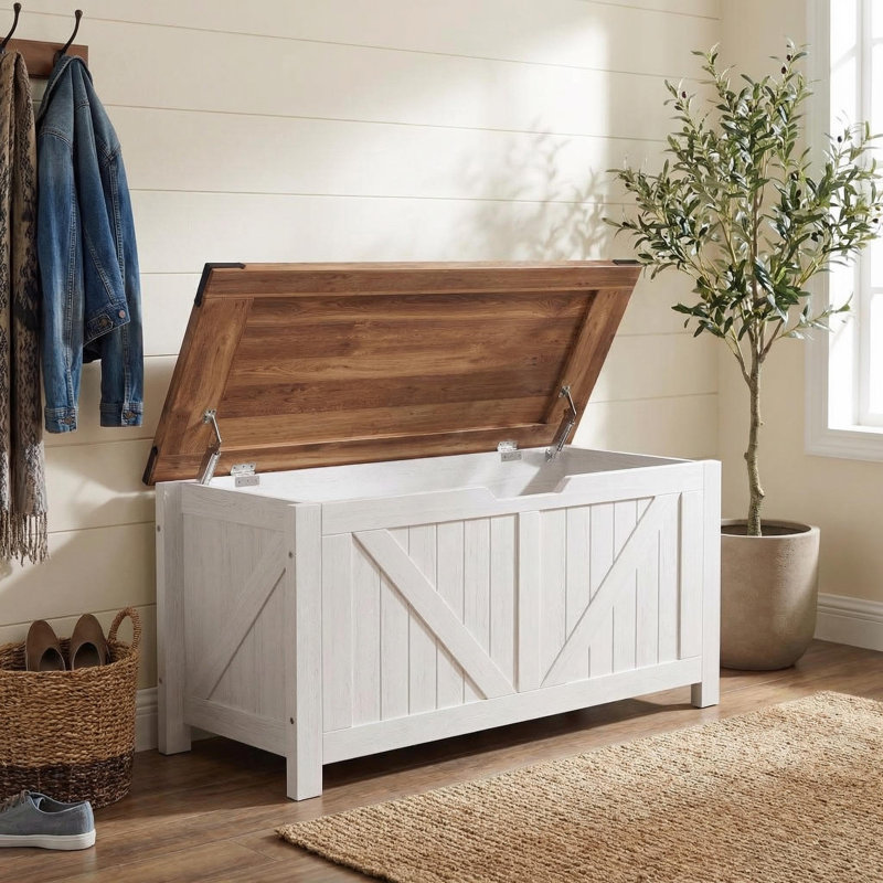 Farmhouse Storage Bench, Storage Chest with 2 Safety Hinges, 15.7 x 39.4 x 18.9 Inches, Ideal for Entryway, Bedroom, and Living Room