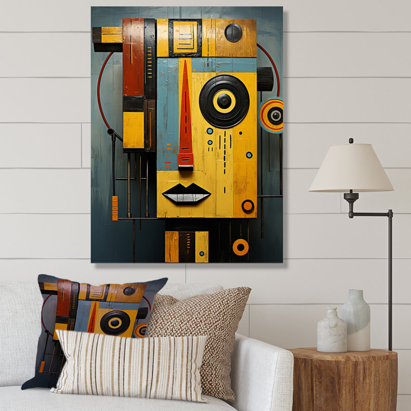 Masques jaunes ancestraux II - Masque africain, art mural, Toile tendue, H 44 po x l 34 po