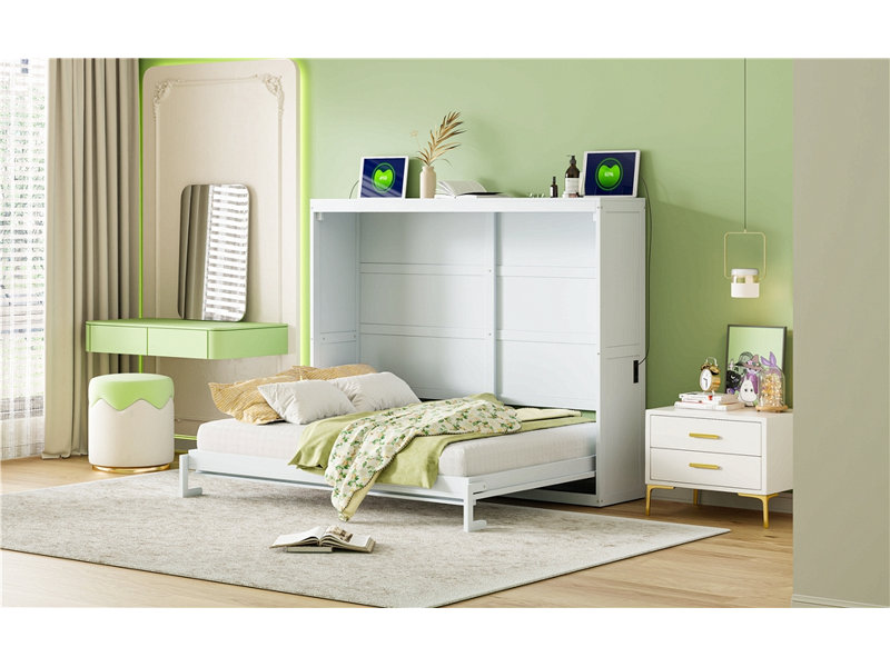 Lit escamotable en bois, Blanc, Grand lit