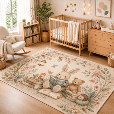 "Ultra Thin" 5' x 7'Reading Bunny Storybook Area Rug, Soft Low Pile Indoor Rug with Non-Slip Silicone Backing, Woodland Nursery Carpet for Kids Room, Playroom, Bedroom, Beige Pink