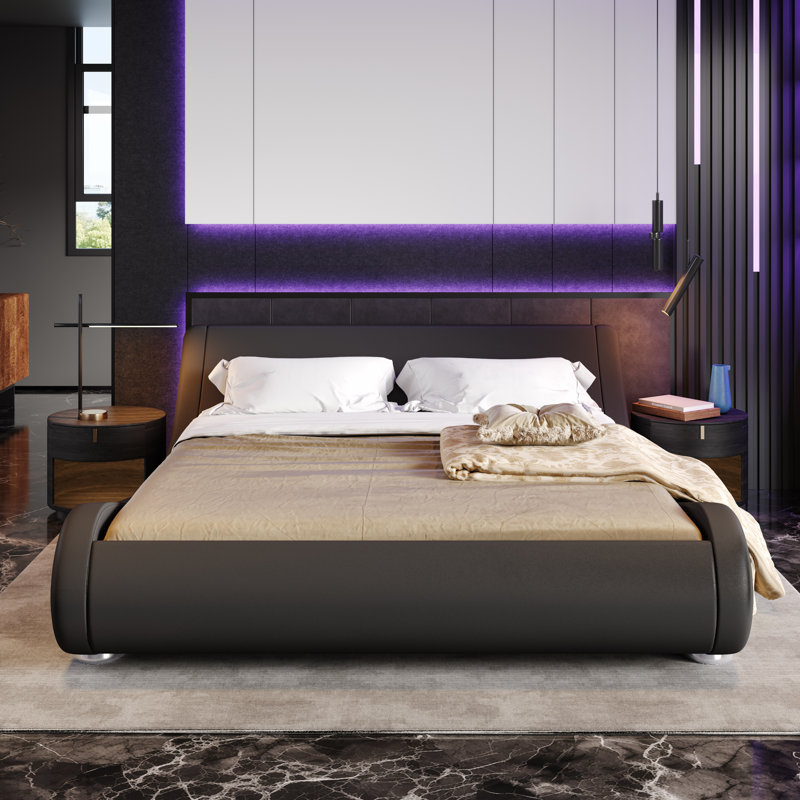 Sewilla Upholstered Faux Leather Low Profile Sleigh Bed with Adjustable Headboard, Black, King
