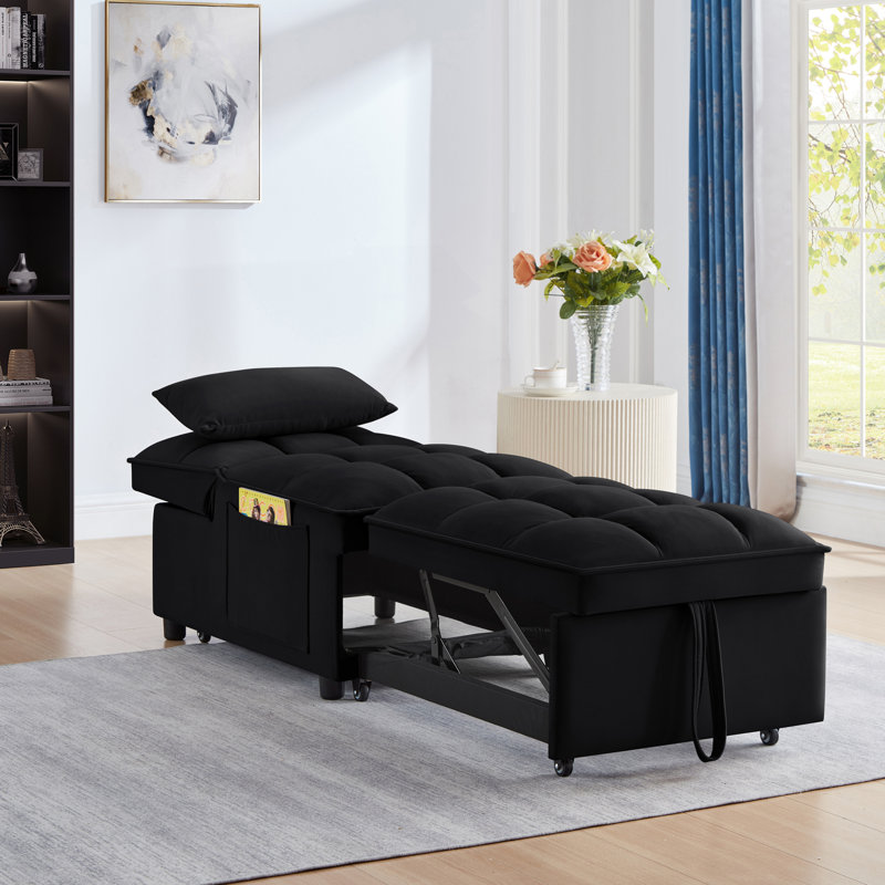 Canapé-lit simple capitonné avec dossier réglable et coussins, méridienne convertible, Noir