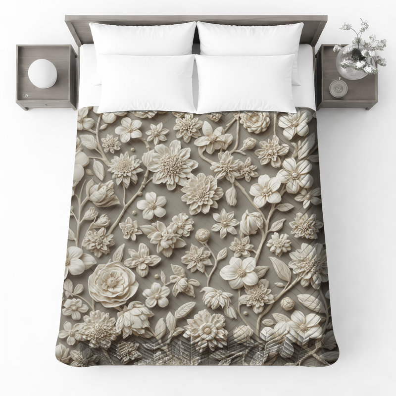 Couvre-lit matelassé à motif floral beige toutes tailles, Lit simple