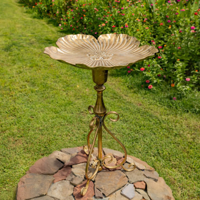 30.3in. Tall Frosted Gold Birdbath-Feeder with Ornate Stand