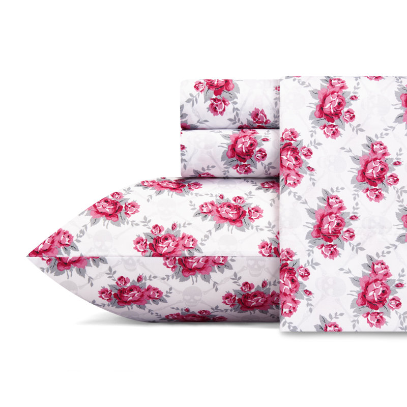 Betsey Johnson Printed Novelty Sheet Sets, Skull Rose Trellis Pink, Twin Sheet Set with 1 Standard Pillowcase