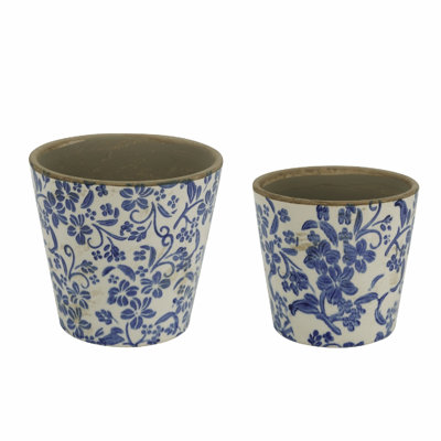 Jardinières en céramique à motif floral - ensemble de 2 - bleu / blanc