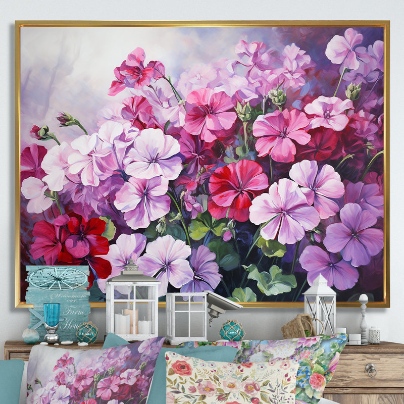 Nature morte aux géraniums roses, Cadre flottant doré, H 34 po x l 44 po x P 1,5 po