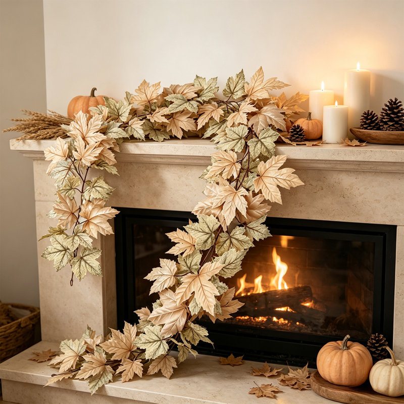 Guirlande artificielle de feuilles d'érable d'automne de 1,75 m (5,7 pi), fausses vignes d'automne pour la décoration de cheminée, d'escalier, de fête et d'extérieur à l'Halloween et à la fête de Thanksgiving.