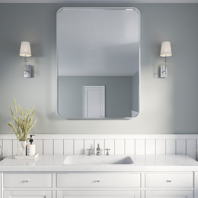 Élégant miroir encadré en aluminium avec coin arrondi pour une décoration intérieure élégante, Argent argent, Rectangulaire