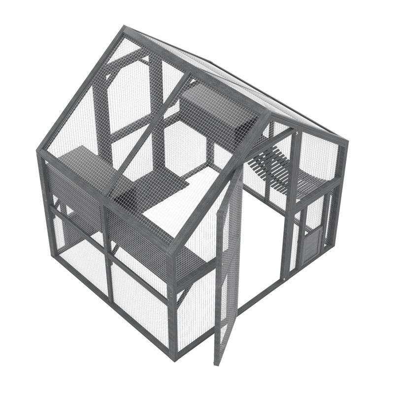 Enclos d'extérieur en bois pour chat avec auvent imperméable, grand abri multi-chats avec plateformes, boîtes de repos et pont