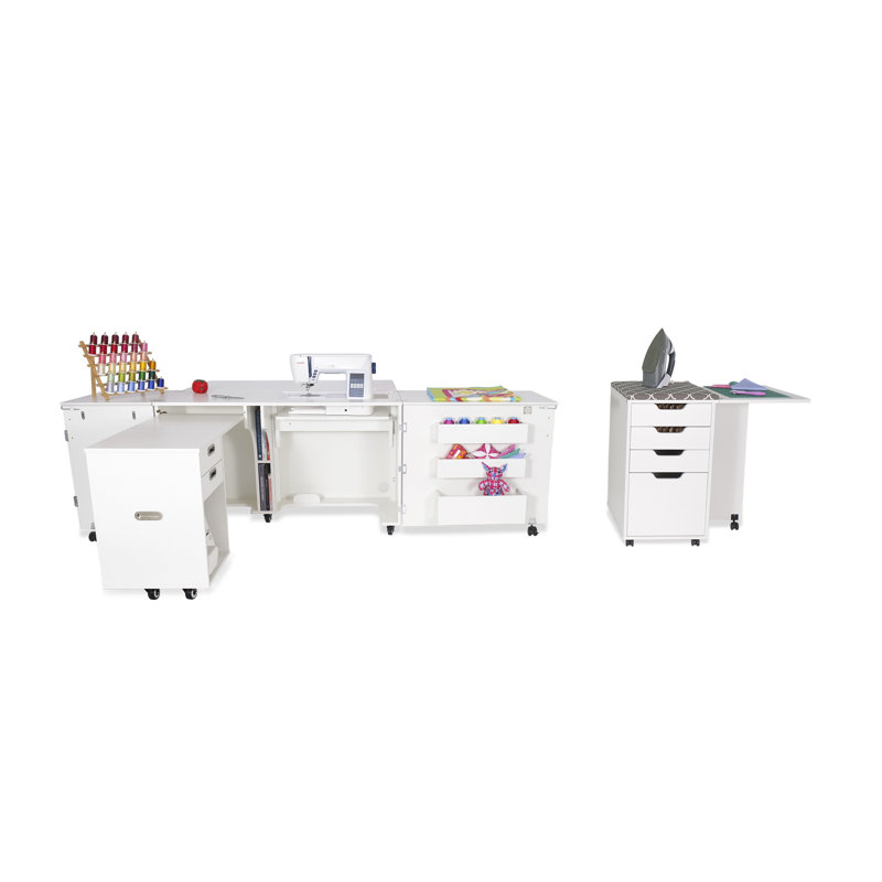 Table de couture pliable 100,5 "x 45,75" avec plateforme pour machine à coudre et roues, Blanc