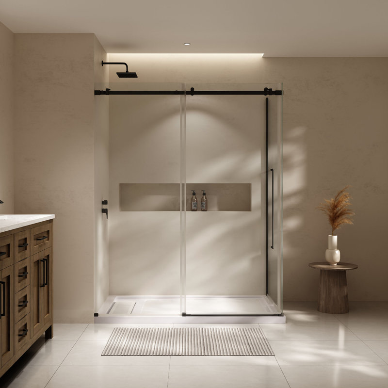 Ensemble de douche en alcôve avec porte coulissante et panneau latéral 60 po x 35 po Selby, chrome, Chrome chrome