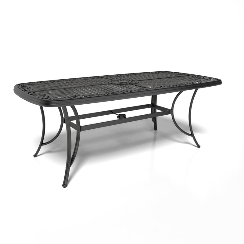 Table de salle à manger rectangulaire en aluminium coulé de 72,6 po de largeur avec plateau en treillis et trou pour parasol de 2 po